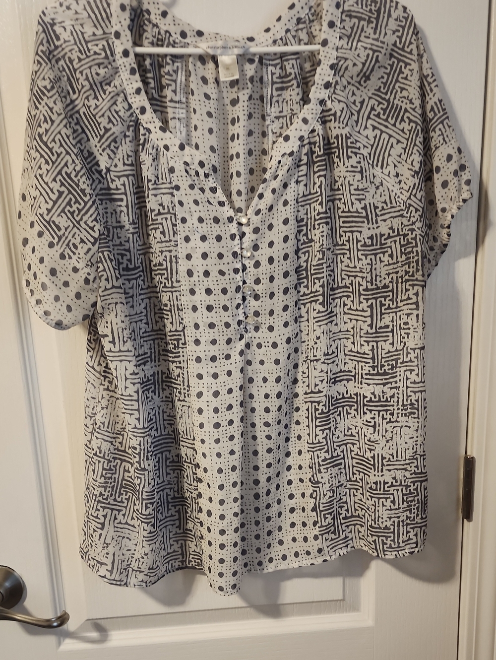 Christopher & Banks Black and White Mixed Print Short Sleeve Blouse
